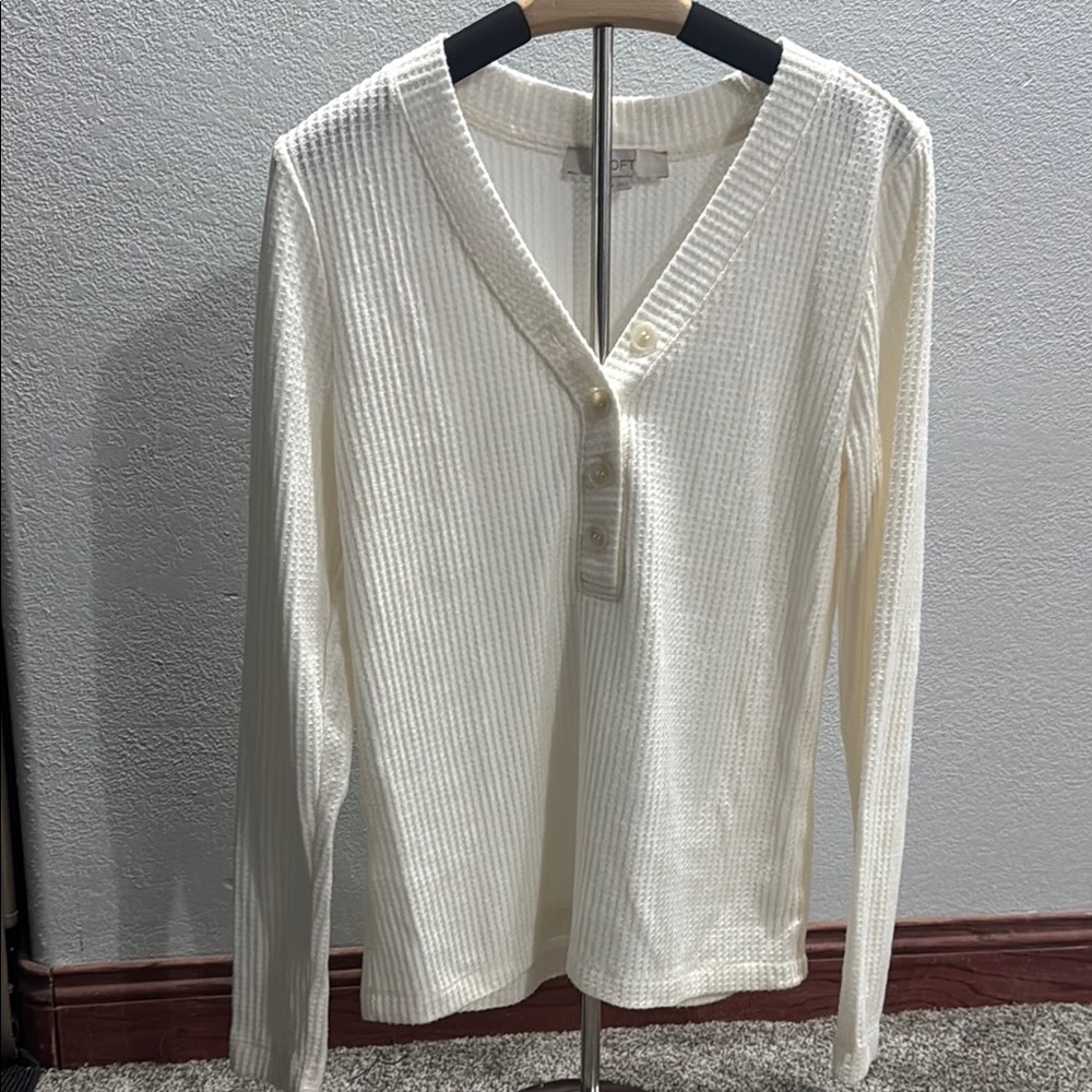 Cream Ribbed Long Sleeve Henley Top